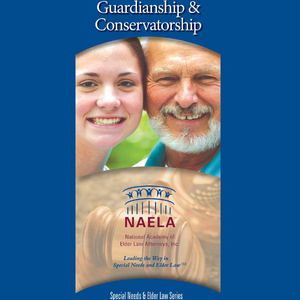 Guardian & Conservator brochure cover image of father and daughter check-to-check change of roles where daughter now cares for father.