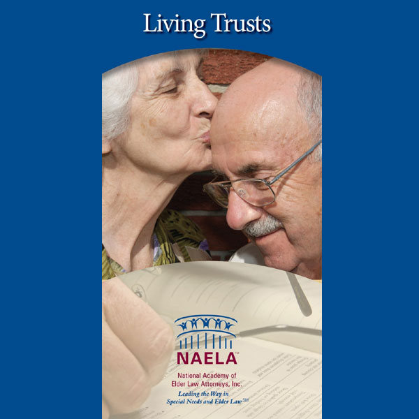 Living Trusts brochure cover image picturing an older couple, with the woman kissing the man on his forehead depicting a trusting relationship.