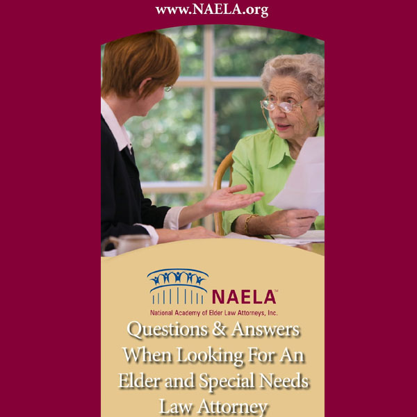 Questions & Answers brochure cover image of an older woman and younger woman in conversation around selecting an elder and special needs attorney.