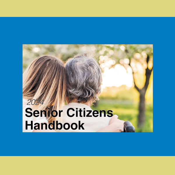 Senior Citizens Handbook cover image depicting older couple hugging and looking away from the camera into a park.